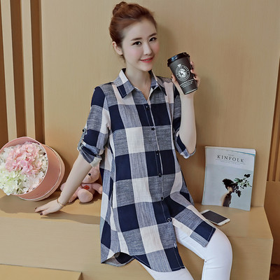 Két színben állítható ujjú kockás ing terhes nőknek