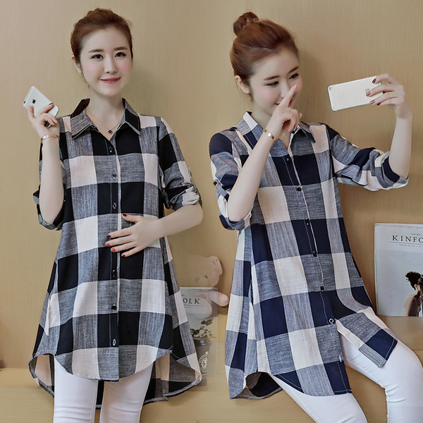 Két színben állítható ujjú kockás ing terhes nőknek