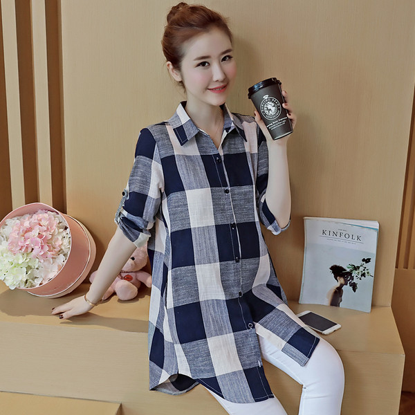 Két színben állítható ujjú kockás ing terhes nőknek