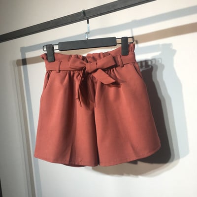 Pantaloni scurti eleganti de dama cu talie inalta si curea cu panglica in mai multe culori