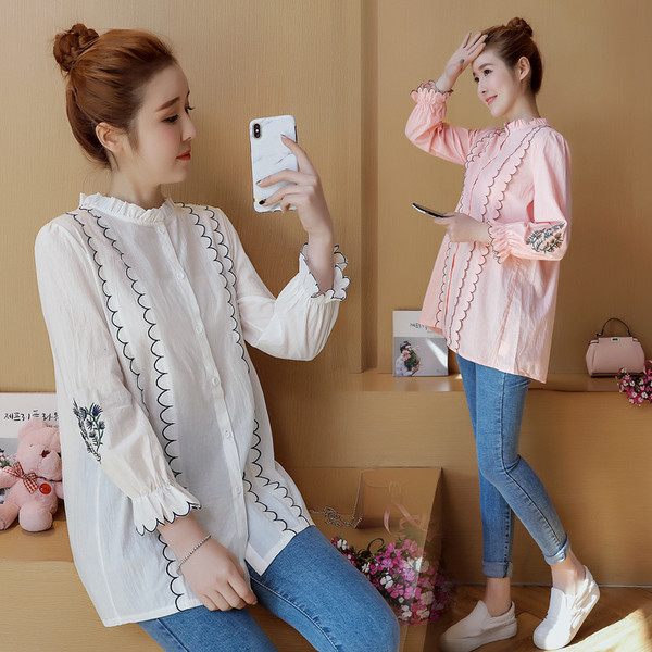 Γυναικείο πουκάμισο για έγκυος με κέντημα για την άνοιξη και το φθινόπωρο