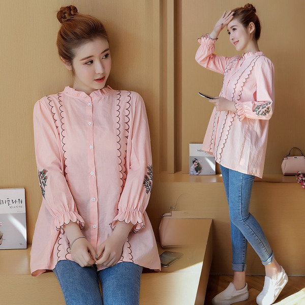 Γυναικείο πουκάμισο για έγκυος με κέντημα για την άνοιξη και το φθινόπωρο