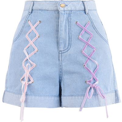 Pantaloni scurti de dama cu talie inalta si cu element de cravate colorate si broderie