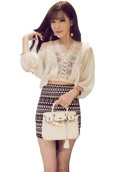 Set de dama modern din doua parti camasa eterica + fusta cu model cu model