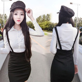 Set elegant de dama din doua parti camasa + fusta cu talie inalta si bretele