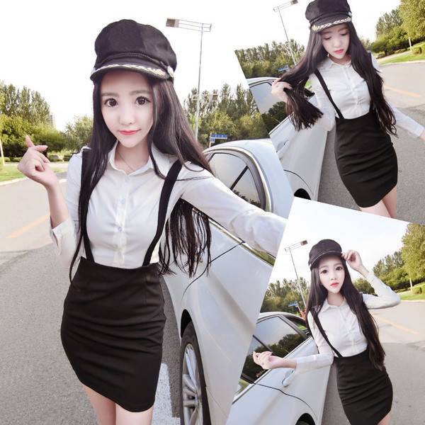 Set elegant de dama din doua parti camasa + fusta cu talie inalta si bretele