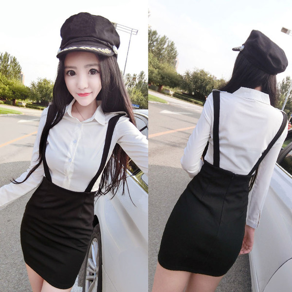 Set elegant de dama din doua parti camasa + fusta cu talie inalta si bretele