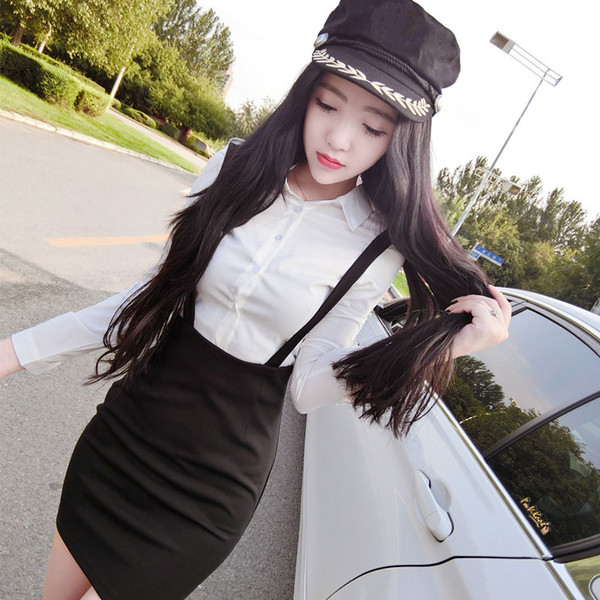 Set elegant de dama din doua parti camasa + fusta cu talie inalta si bretele