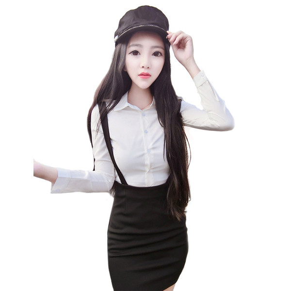 Set elegant de dama din doua parti camasa + fusta cu talie inalta si bretele