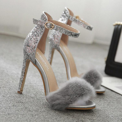 Sandale de dama elegante cu toc inalt model stralucitor si cu puf