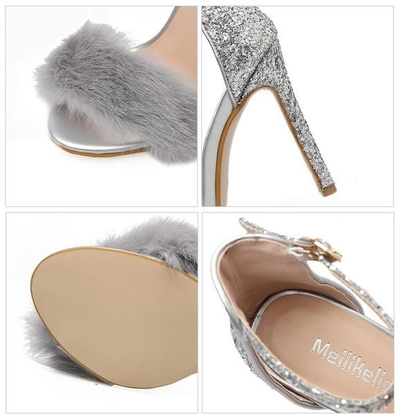 Sandale de dama elegante cu toc inalt model stralucitor si cu puf