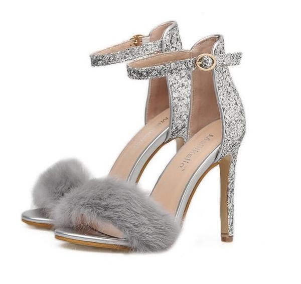 Sandale de dama elegante cu toc inalt model stralucitor si cu puf