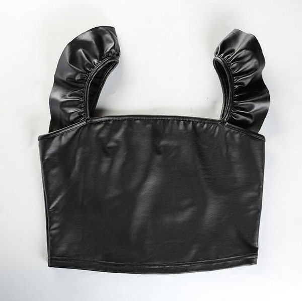 Top de damă din piele artificială cu bretele negre