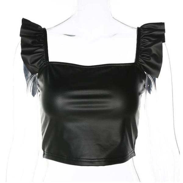 Top de damă din piele artificială cu bretele negre