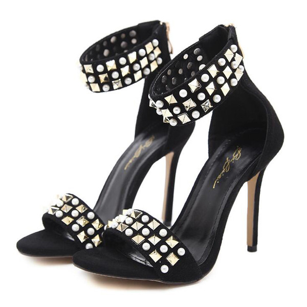 Sandale de dama elegante cu toc inalt si decor metalic