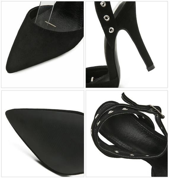 Sandale de damă elegante cu toc înalt - ascuțite în negru cu bretele