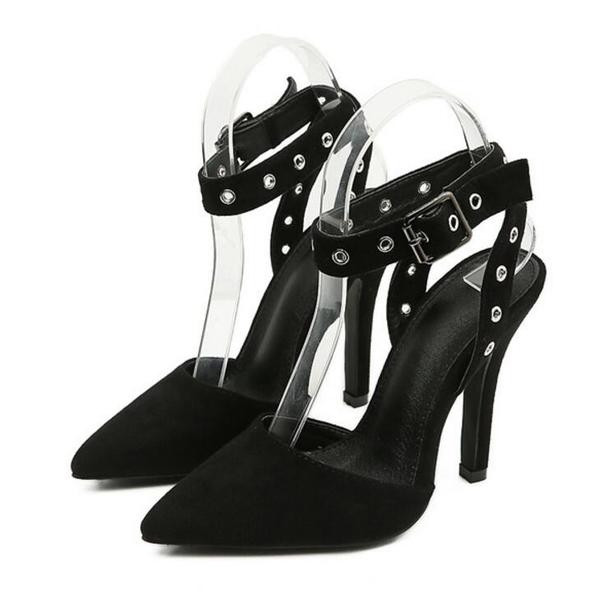 Sandale de damă elegante cu toc înalt - ascuțite în negru cu bretele