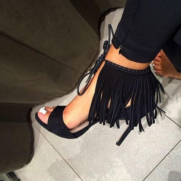 Sandale de damă elegante cu franjuri în negru