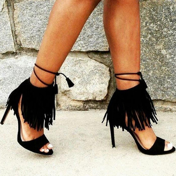 Sandale de damă elegante cu franjuri în negru