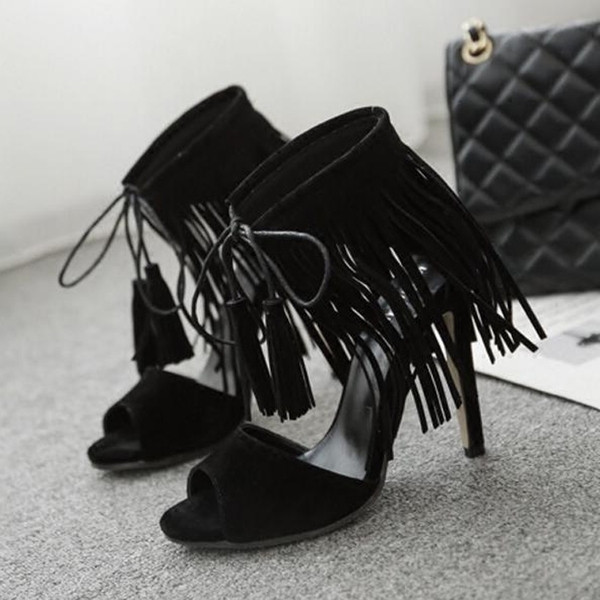Sandale de damă elegante cu franjuri în negru