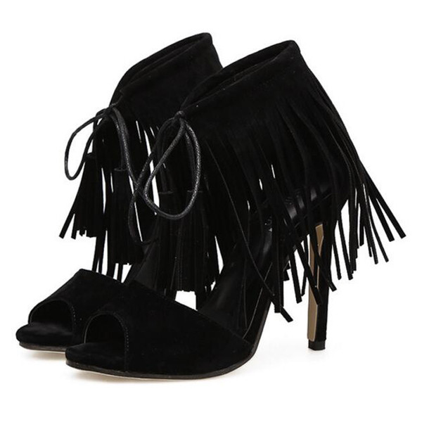 Sandale de damă elegante cu franjuri în negru