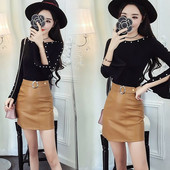 Set elegant de bluză din două piese pentru femei, cu mâneci largi și paiete decorative + fustă din piele artificială