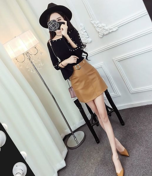 Set elegant de bluză din două piese pentru femei, cu mâneci largi și paiete decorative + fustă din piele artificială