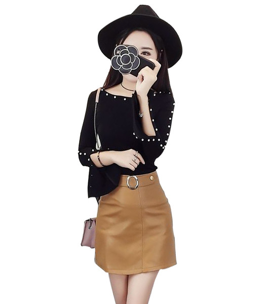 Set elegant de bluză din două piese pentru femei, cu mâneci largi și paiete decorative + fustă din piele artificială