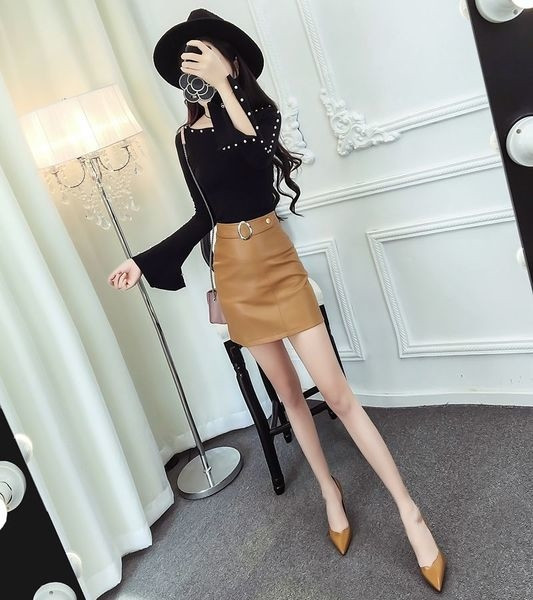 Set elegant de bluză din două piese pentru femei, cu mâneci largi și paiete decorative + fustă din piele artificială