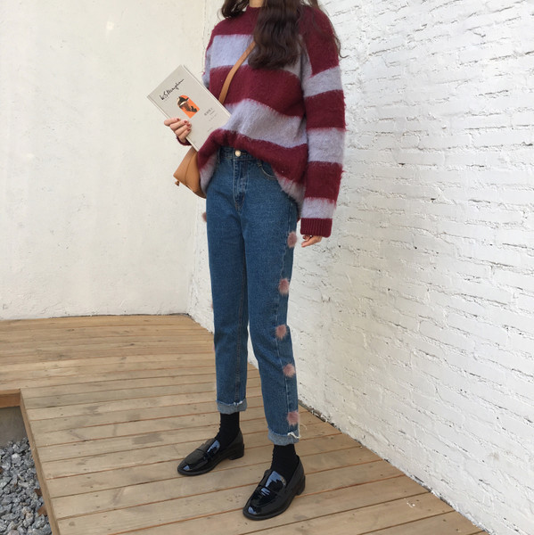 Blugi de dama cu talie inalta de culoare bleumarin cu puf