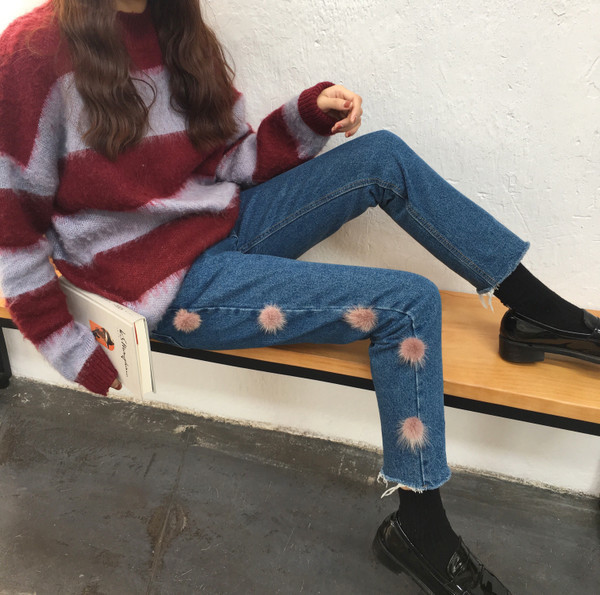 Blugi de dama cu talie inalta de culoare bleumarin cu puf