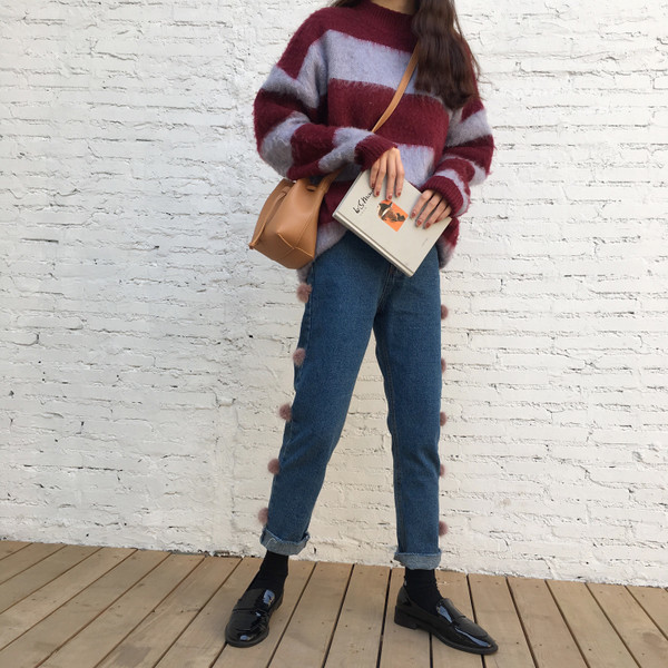 Blugi de dama cu talie inalta de culoare bleumarin cu puf