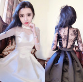 Rochie elegantă de damă, cu dantelă la spate și mâneci în alb și negru