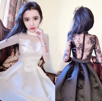 Rochie elegantă de damă, cu dantelă la spate și mâneci în alb și negru