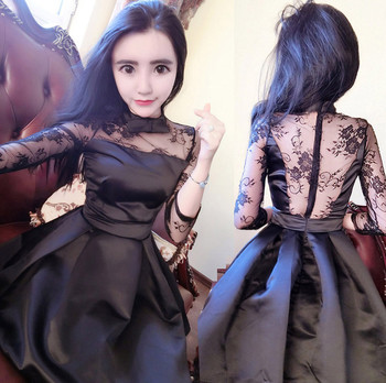 Rochie elegantă de damă, cu dantelă la spate și mâneci în alb și negru