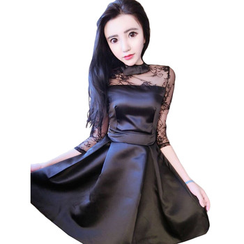 Rochie elegantă de damă, cu dantelă la spate și mâneci în alb și negru