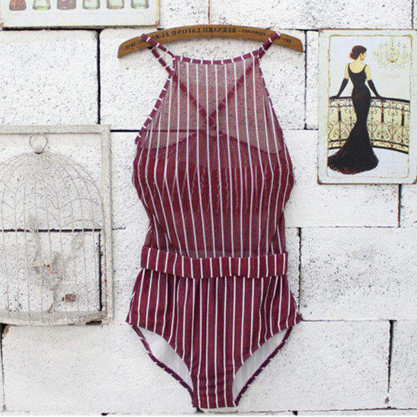 Costum de baie intreg in dungi pentru doamne cu spatele gol in trei culori