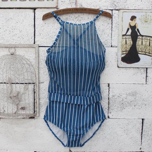 Costum de baie intreg in dungi pentru doamne cu spatele gol in trei culori