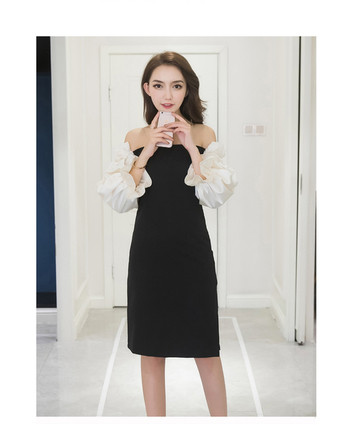 Rochie lungă de damă elegantă, cu umerii căzuți și mâneci lanterne largi