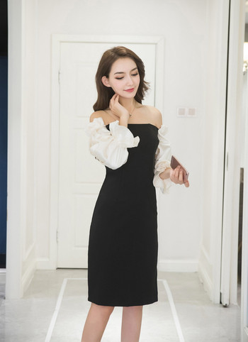 Rochie lungă de damă elegantă, cu umerii căzuți și mâneci lanterne largi