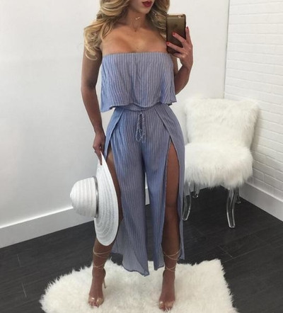 Salopeta dama de vara in dungi de culoare albastra