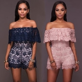 Salopetă scurtă de vară de damă cu umerii căzuți în două culori de dantelă