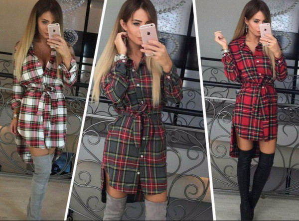 Модерна дамска карирана рокля с асиметрична дължина в три цвята