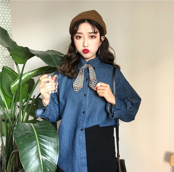 Дамска дънкова широка риза с дълъг ръкав и панделка