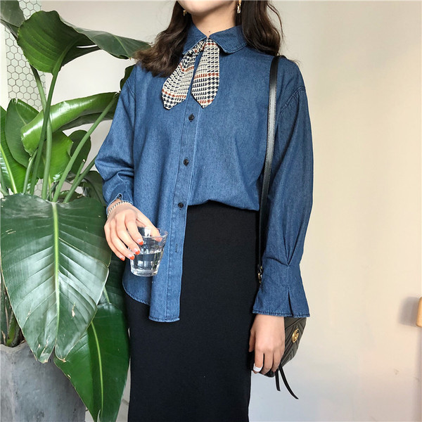 Дамска дънкова широка риза с дълъг ръкав и панделка