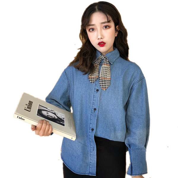 Дамска дънкова широка риза с дълъг ръкав и панделка