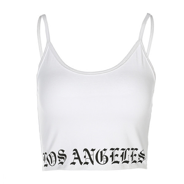 Скъсен спортно-ежедневен дамски потник в бял цвят с надпис и тънки презрамки