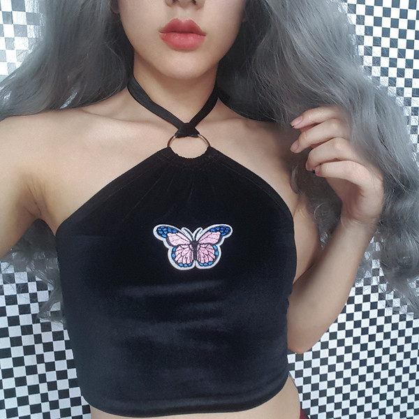 Скъсен дамски потник от кадифе в черен цвят с бродерия