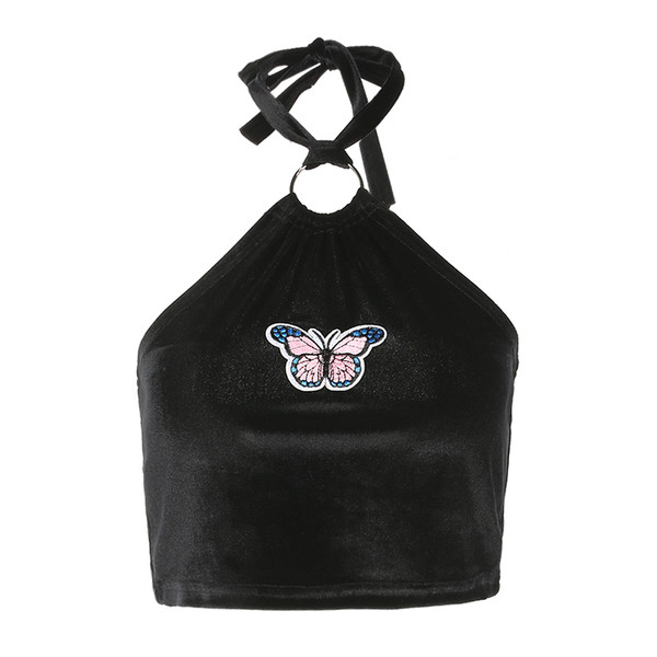 Скъсен дамски потник от кадифе в черен цвят с бродерия