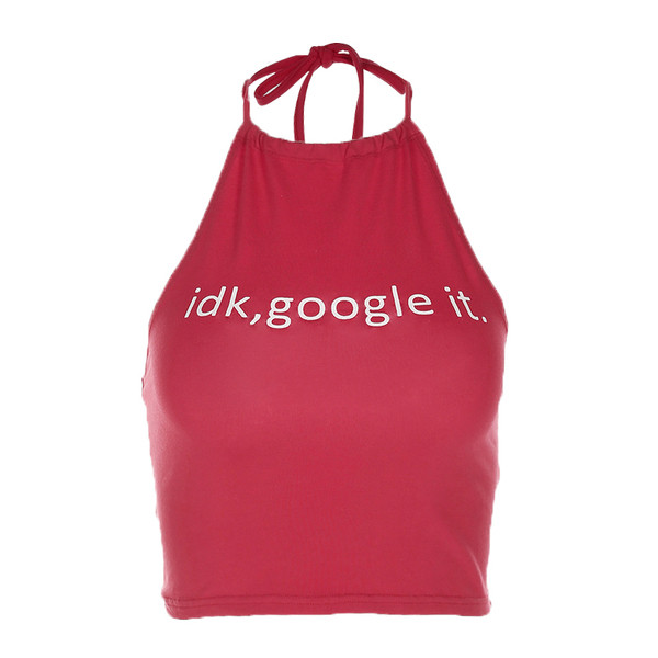 Скъсен дамски топ с О-образно деколте в червен цвят с надпис